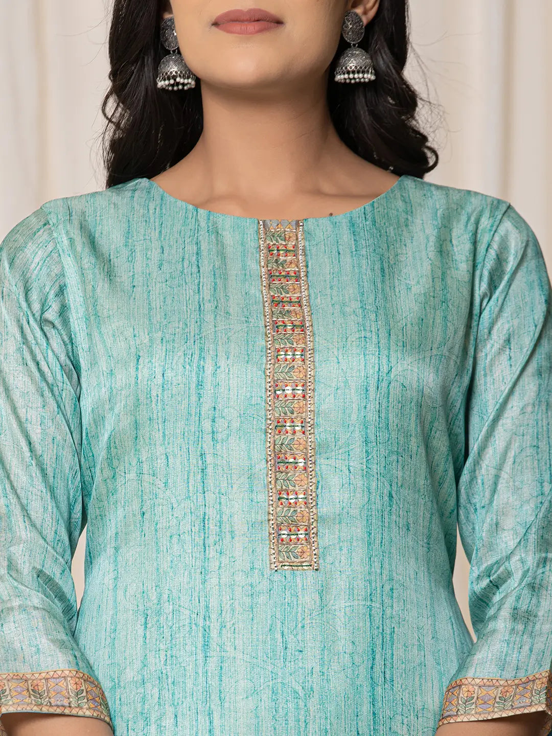 Sky-Blue-Tussar-Silk--Embroidered-A-Line-3-Piece-Kurta-Set