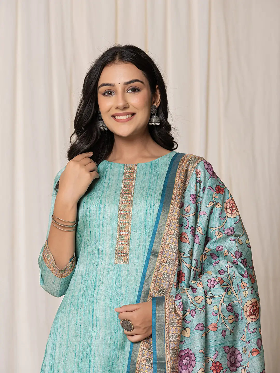 Sky-Blue-Tussar-Silk--Embroidered-A-Line-3-Piece-Kurta-Set