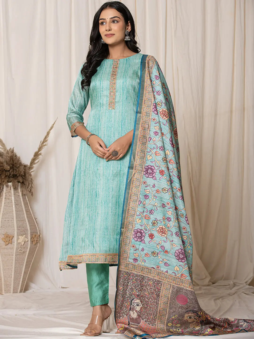 Sky-Blue-Tussar-Silk--Embroidered-A-Line-3-Piece-Kurta-Set