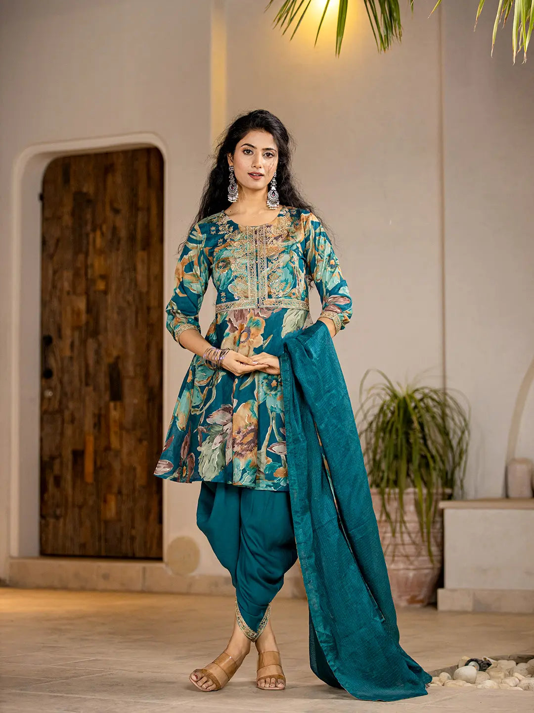 Teal-Blue-Cotton-Zari-Work-Kurta-Dhoti-Dupatta-Set