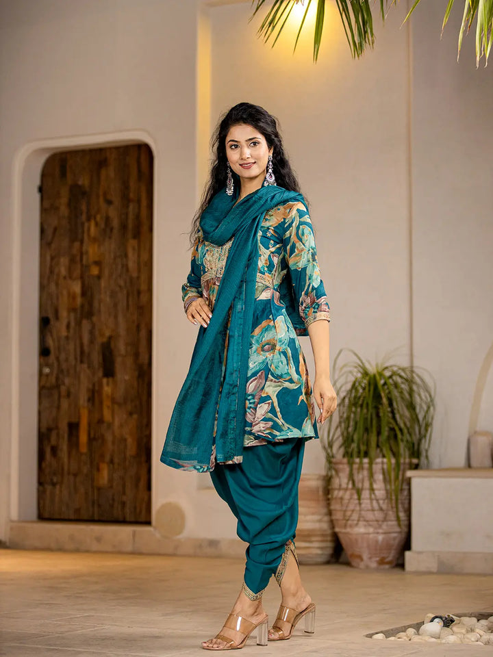 Teal-Blue-Cotton-Zari-Work-Kurta-Dhoti-Dupatta-Set