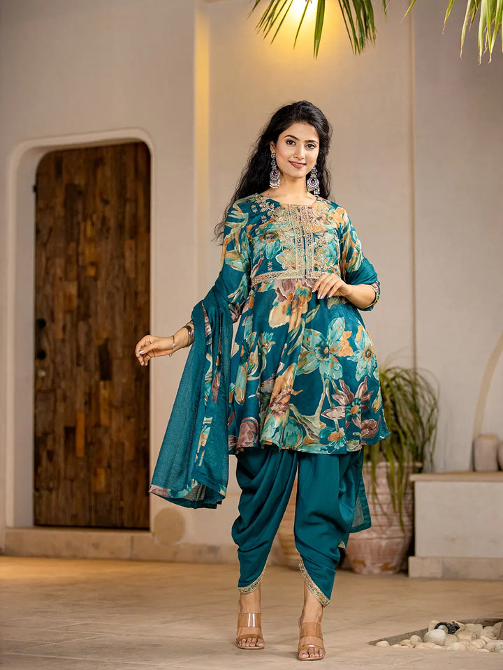 Teal-Blue-Cotton-Zari-Work-Kurta-Dhoti-Dupatta-Set