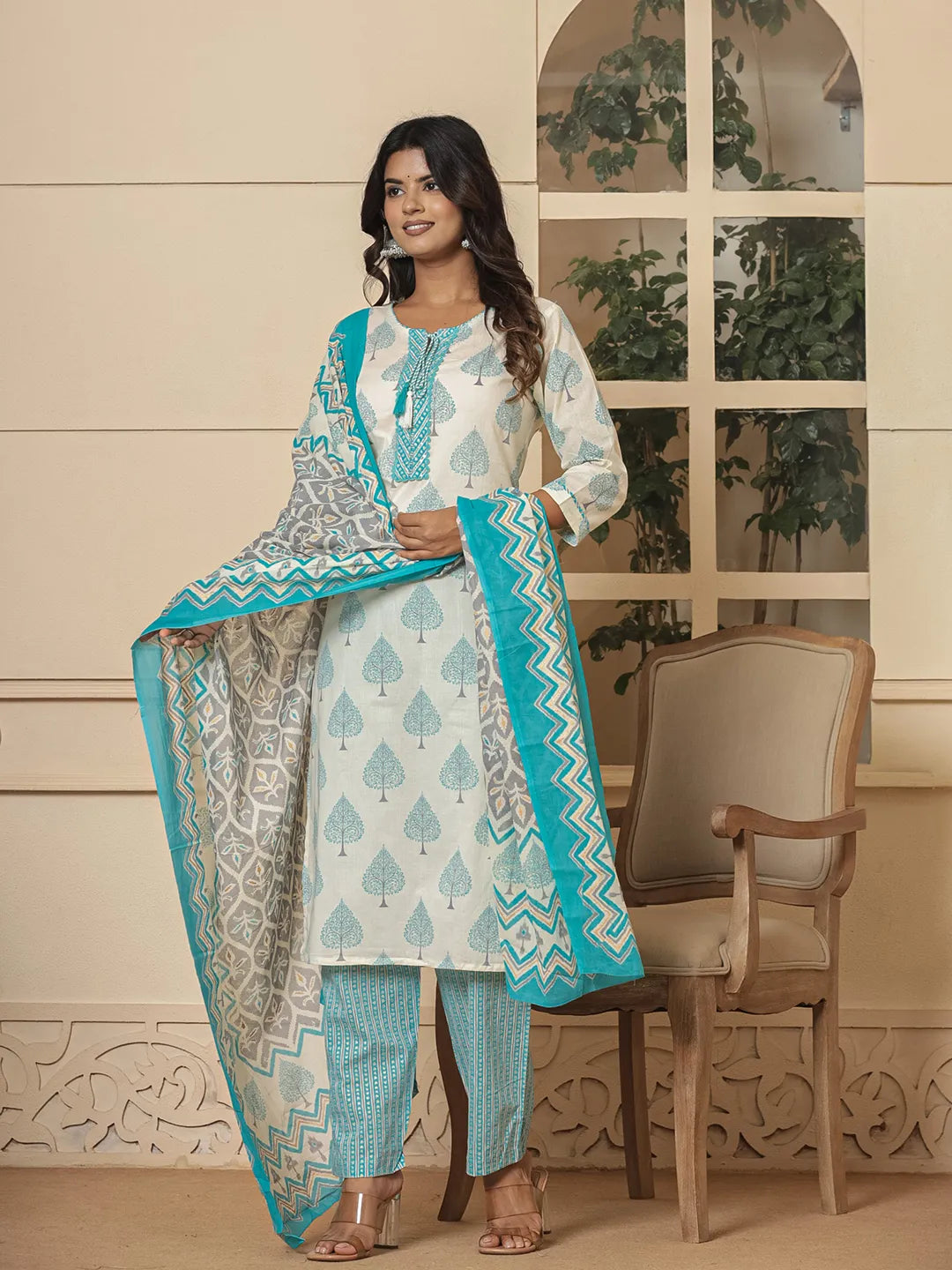 Turquoise-Blue-And-White-Cotton-Embroidered-3-Piece-Kurta-Set