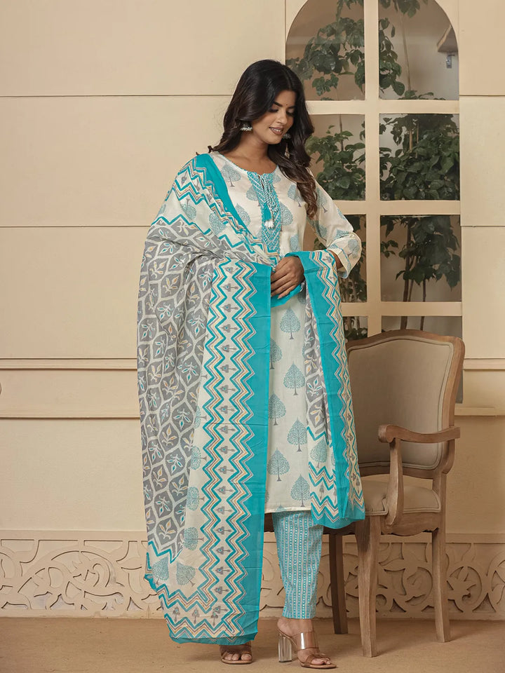 Turquoise-Blue-And-White-Cotton-Embroidered-3-Piece-Kurta-Set