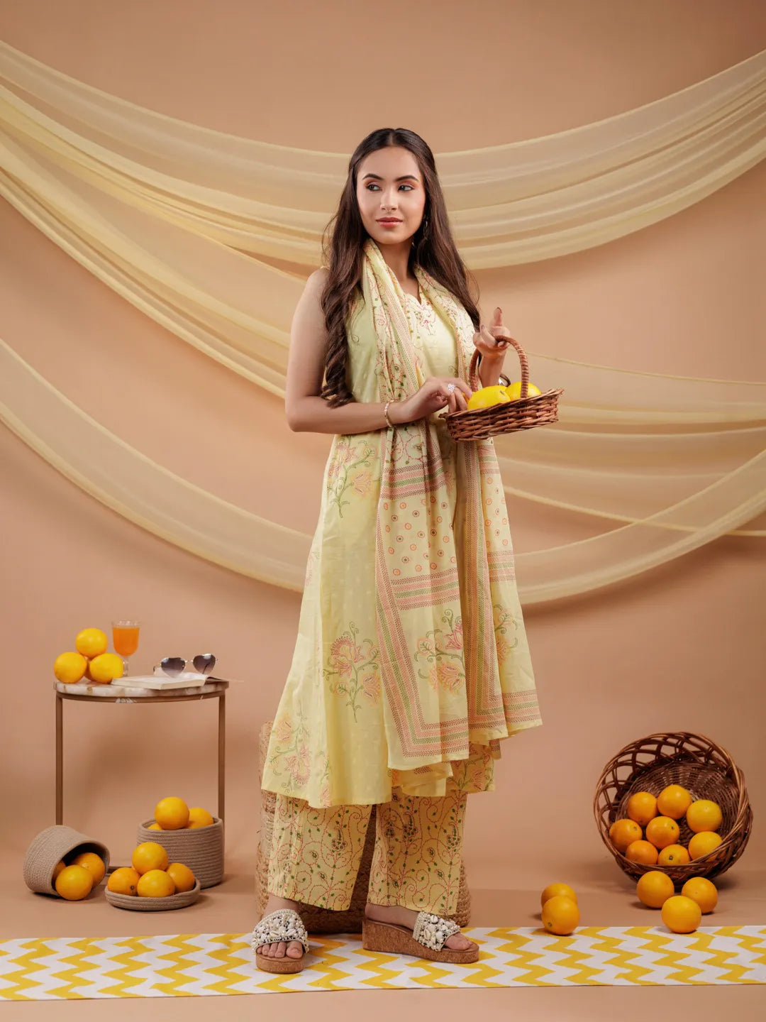 Yellow-Cotton-Floral-Printed-Sleeveless-3-Piece-Kurta-Set