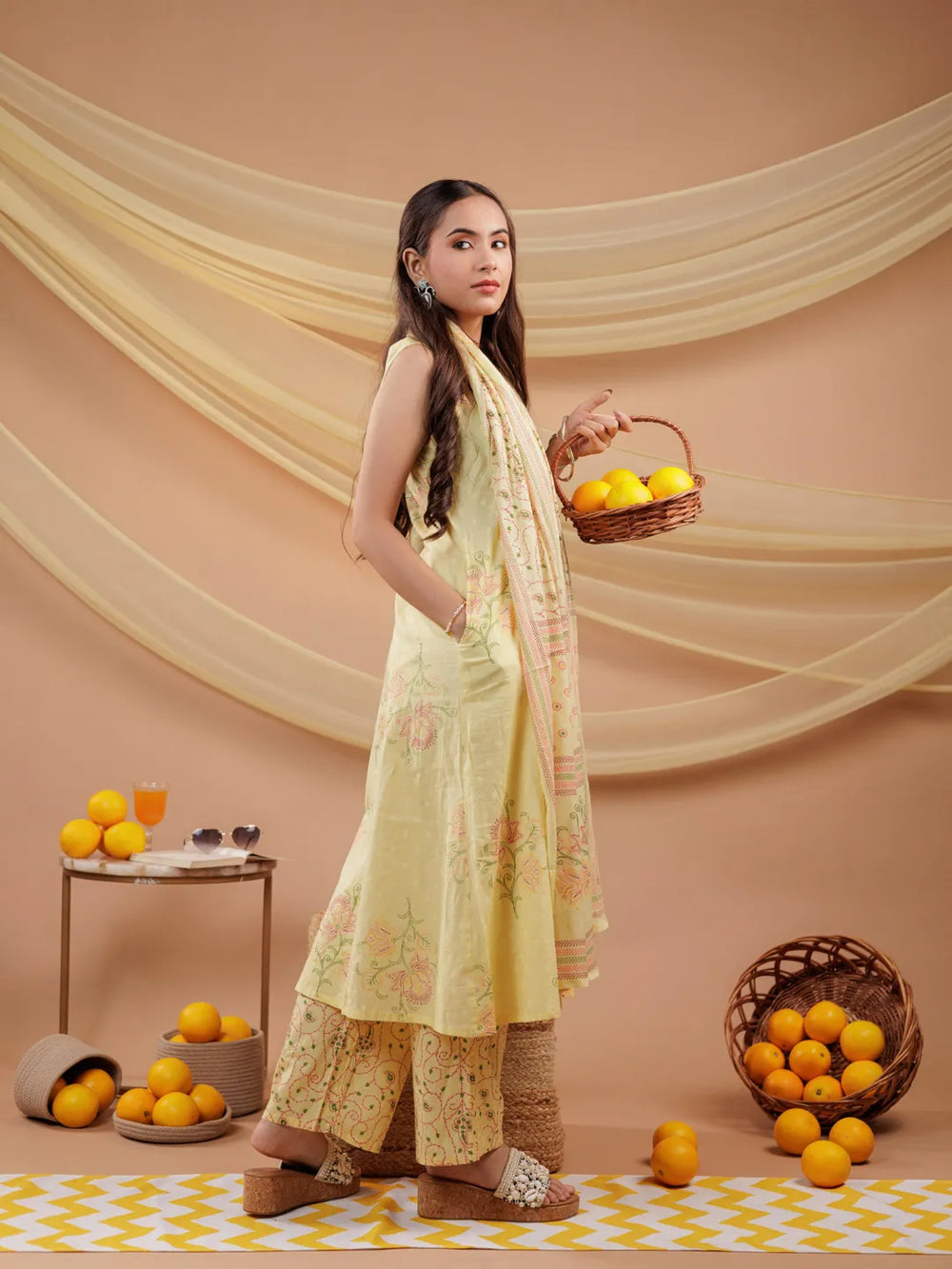 Yellow-Cotton-Floral-Printed-Sleeveless-3-Piece-Kurta-Set