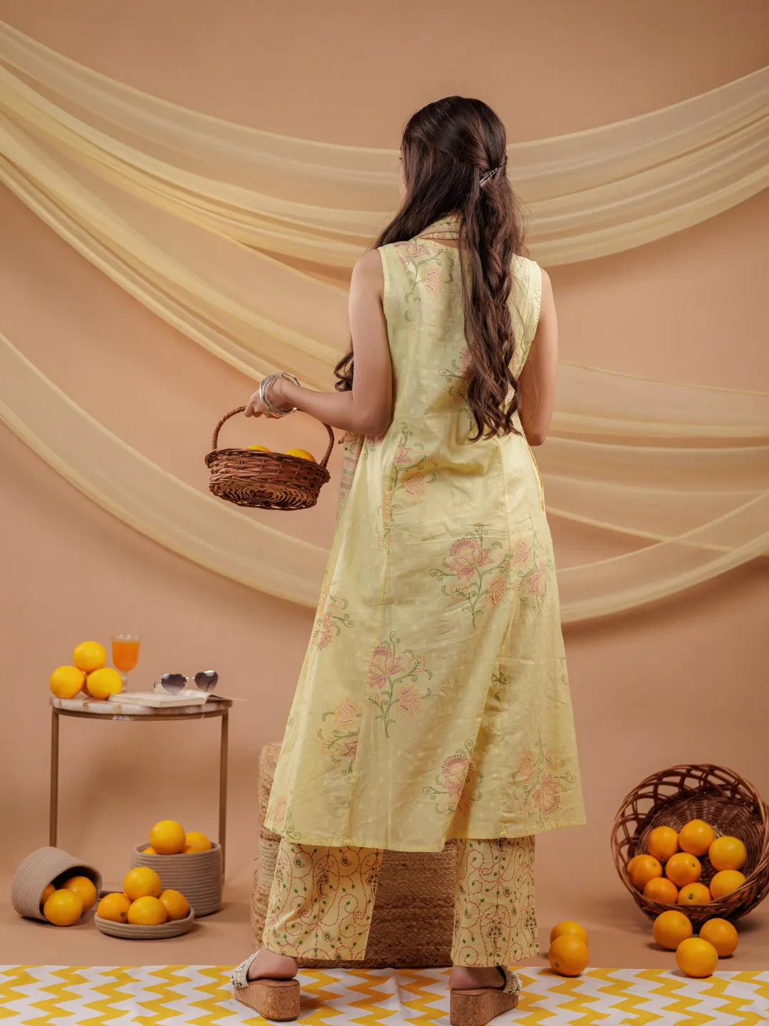 Yellow-Cotton-Floral-Printed-Sleeveless-3-Piece-Kurta-Set