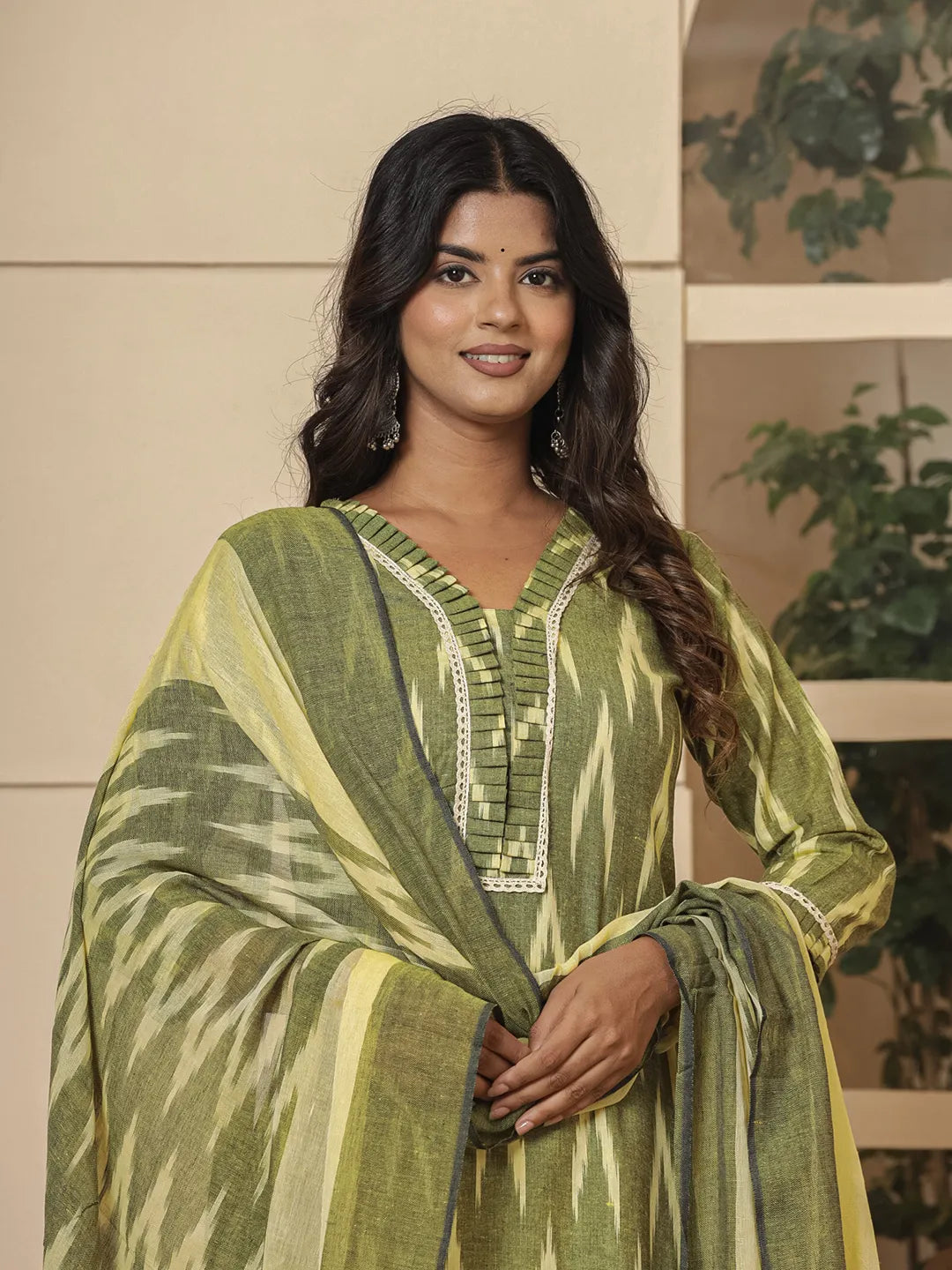 Dark-Green-Cotton-Ikat-Print-Straight-Strappy-3-Piece-Kurta-Set