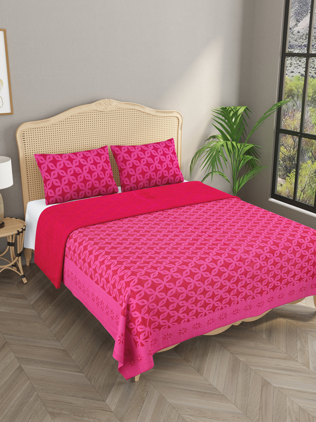 Pink-Cotton-Applique-Cut-Work-Bedcover-With-2-Pillow-Covers