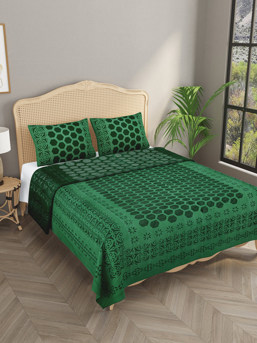 Green-Cotton-Applique-Cut-Work-Bedcover-With-2-Pillow-Covers