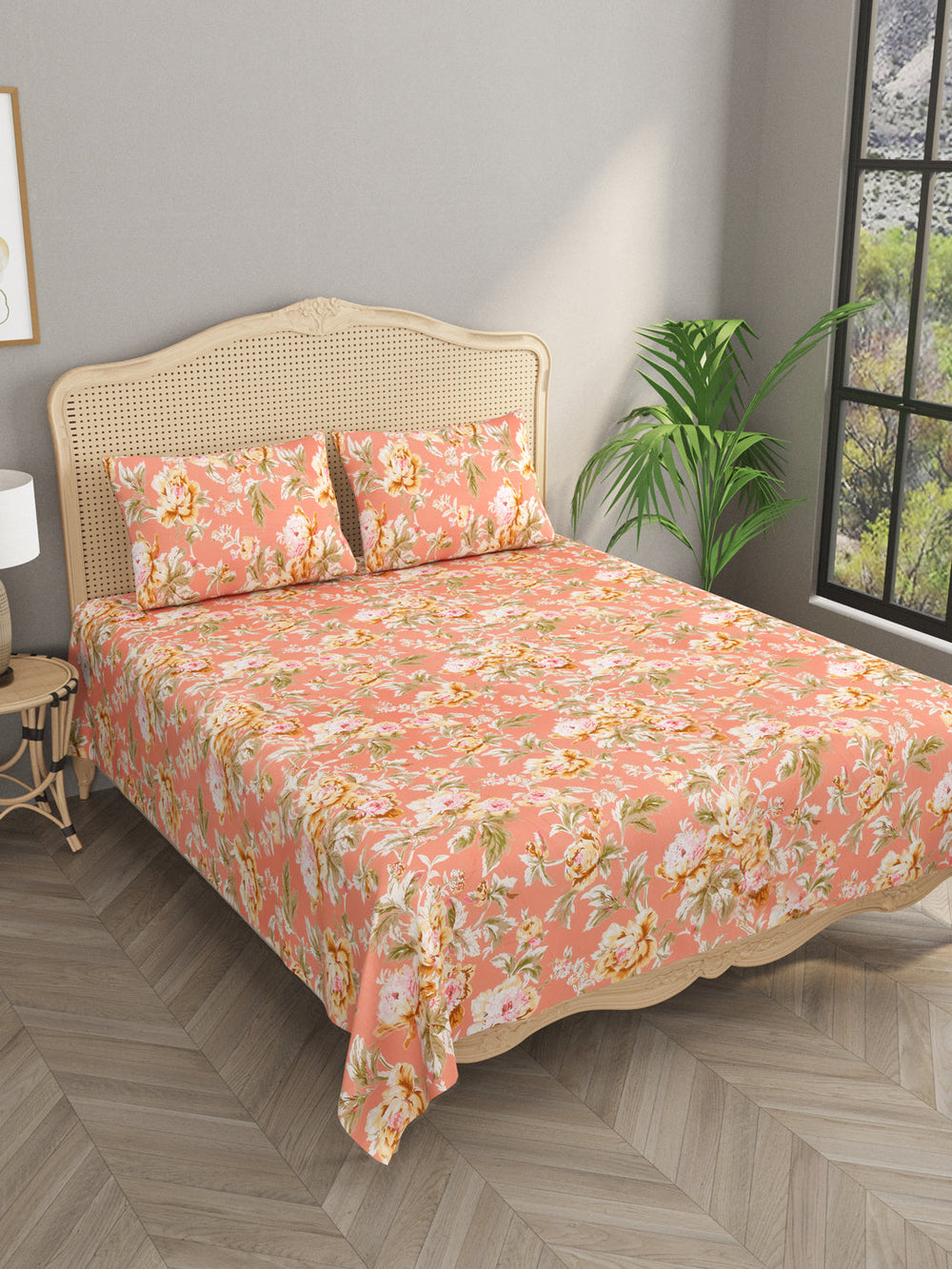 Peach-Cotton-Floral-Print-Bedsheet-With-2-Pillow-Covers