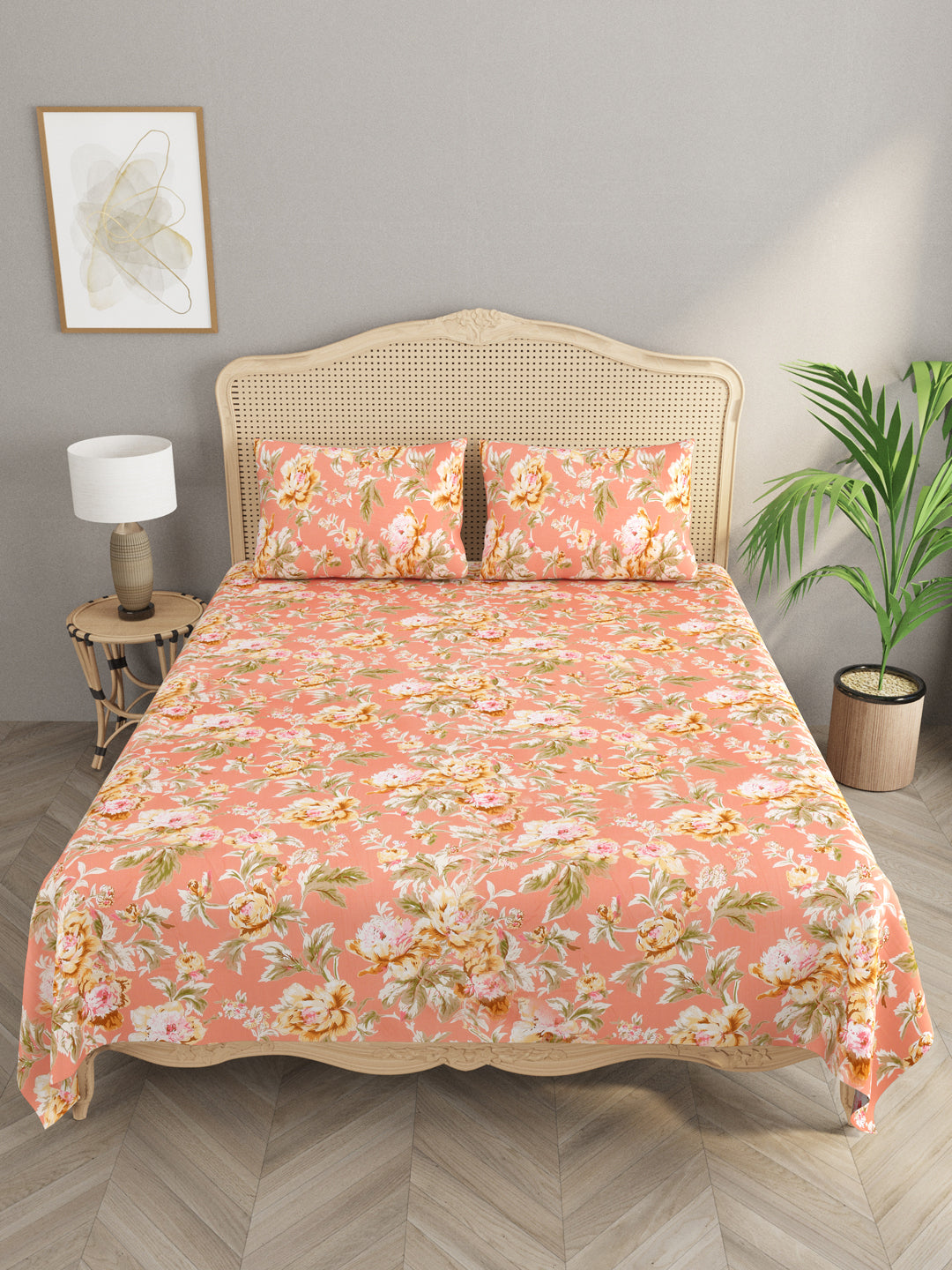 Peach-Cotton-Floral-Print-Bedsheet-With-2-Pillow-Covers