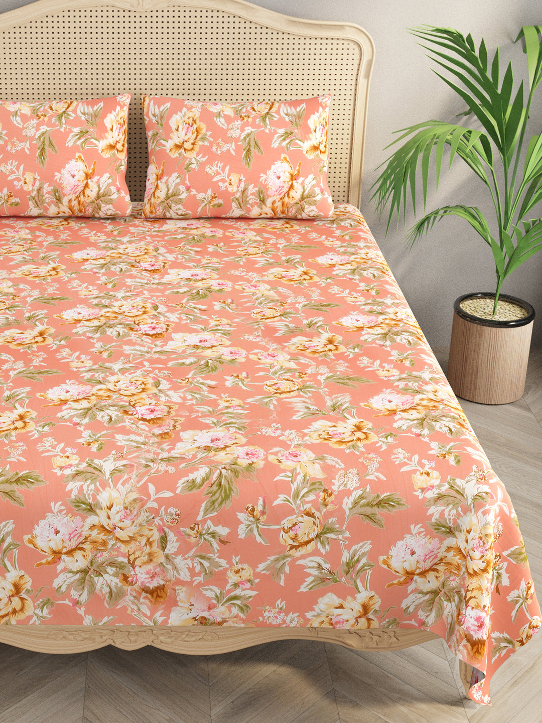 Peach-Cotton-Floral-Print-Bedsheet-With-2-Pillow-Covers