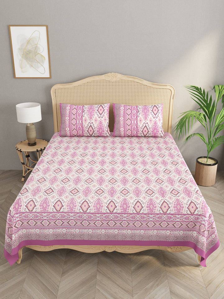 Pink-Cotton-Ikat-Print-Bedsheet-With-2-Pillow-Covers