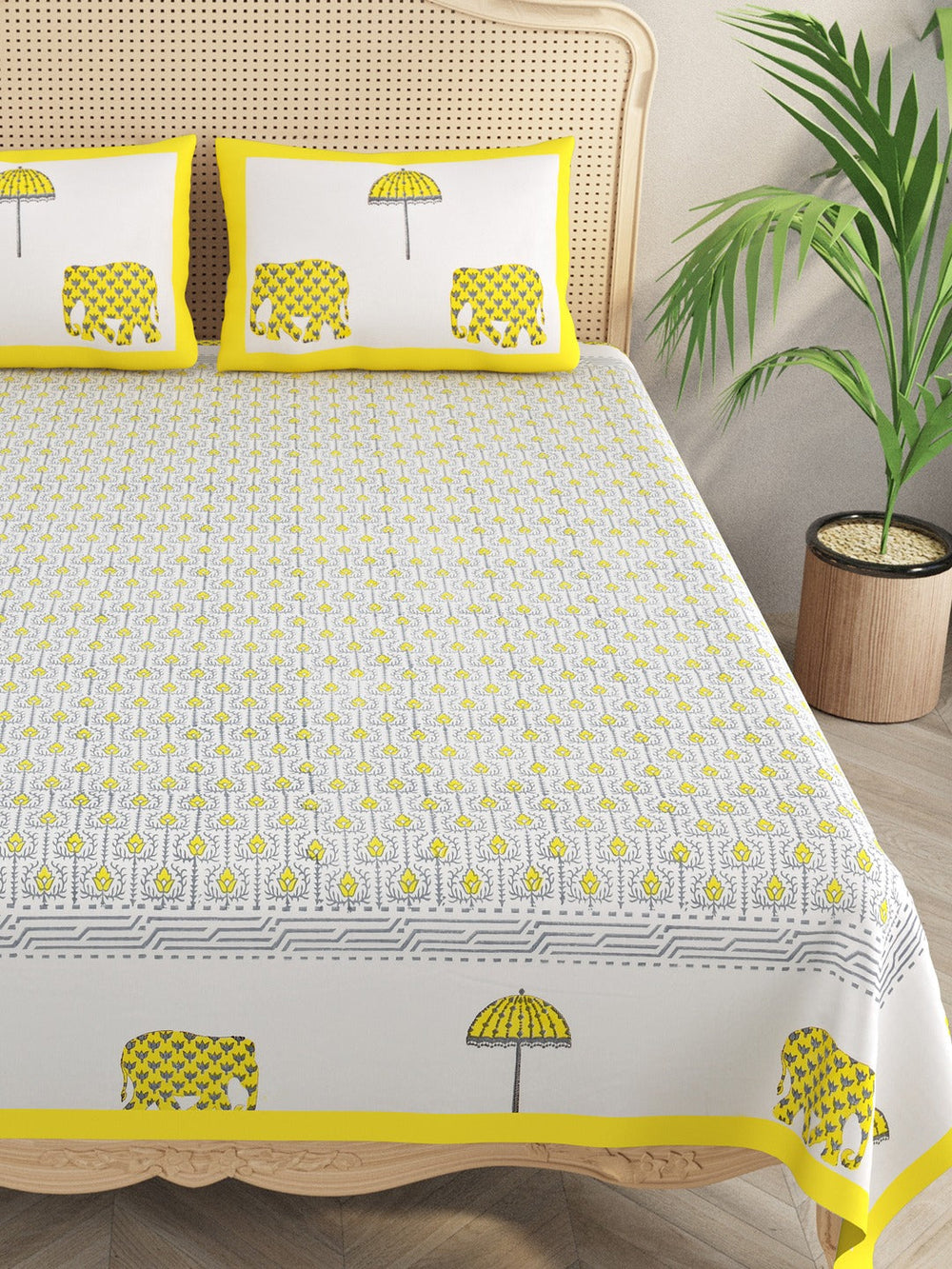 White-&-Yellow-Handblock-Print-Bedsheet-With-2-Pillow-Covers