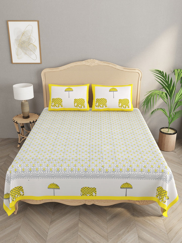 White-&-Yellow-Handblock-Print-Bedsheet-With-2-Pillow-Covers