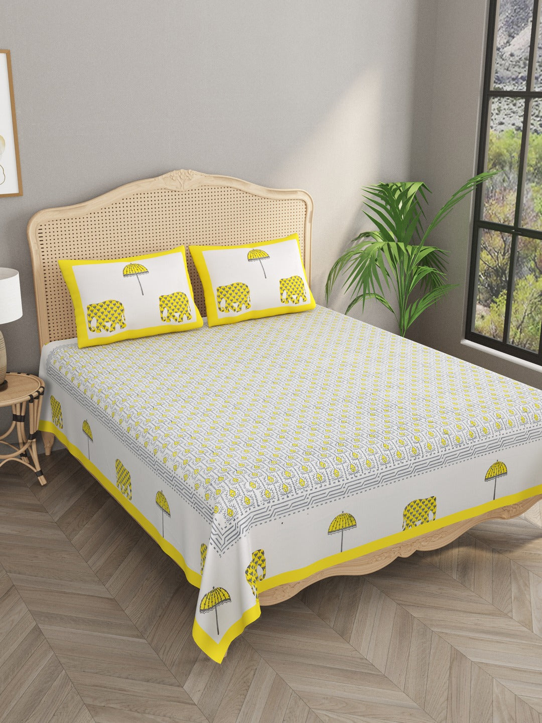 White-&-Yellow-Handblock-Print-Bedsheet-With-2-Pillow-Covers