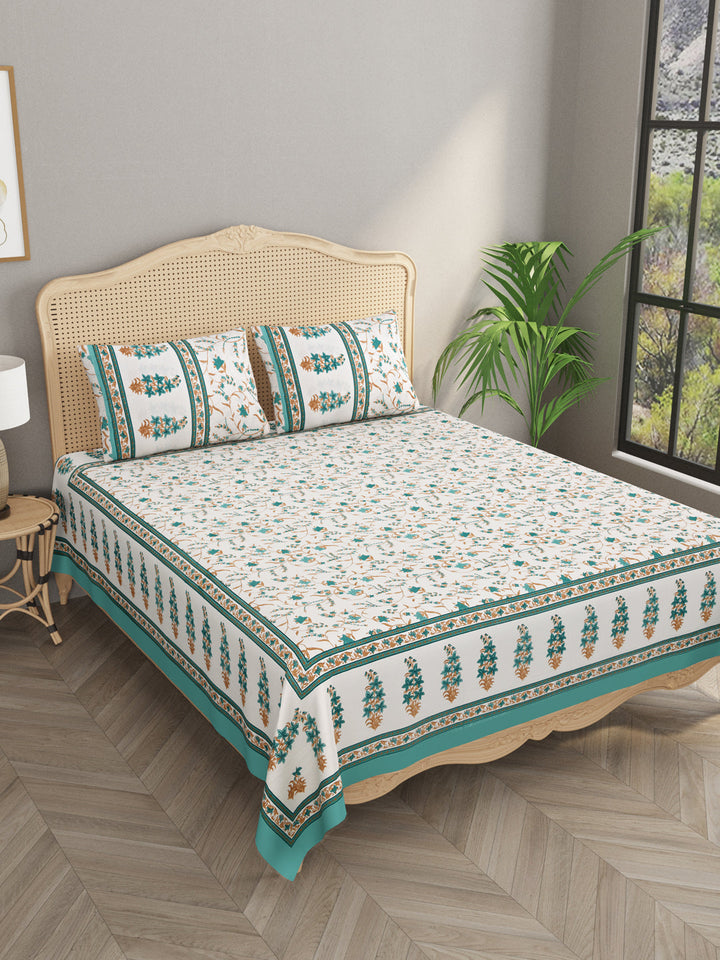 White-&-Green-Floral-Print-Bedsheet-With-2-Pillow-Covers