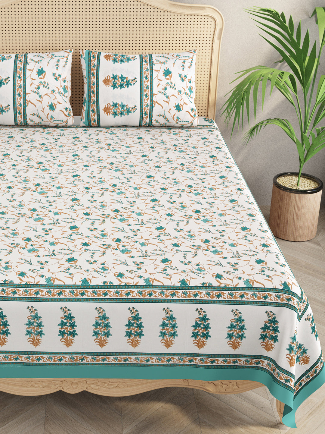 White-&-Green-Floral-Print-Bedsheet-With-2-Pillow-Covers