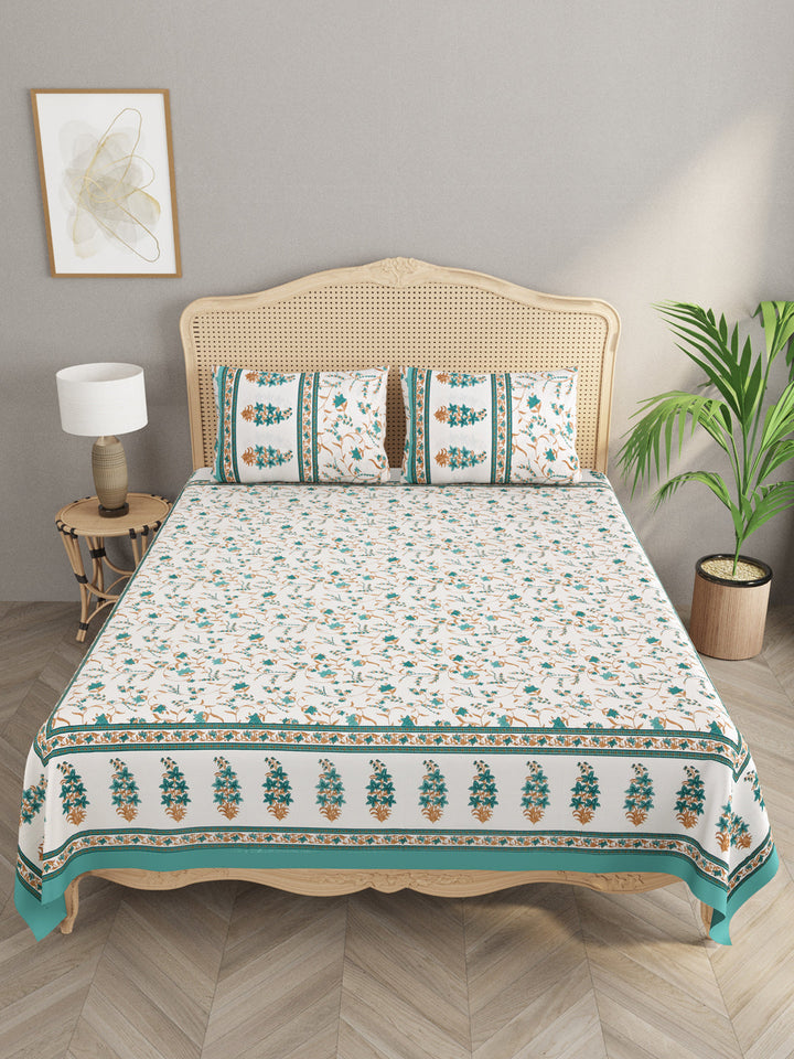 White-&-Green-Floral-Print-Bedsheet-With-2-Pillow-Covers