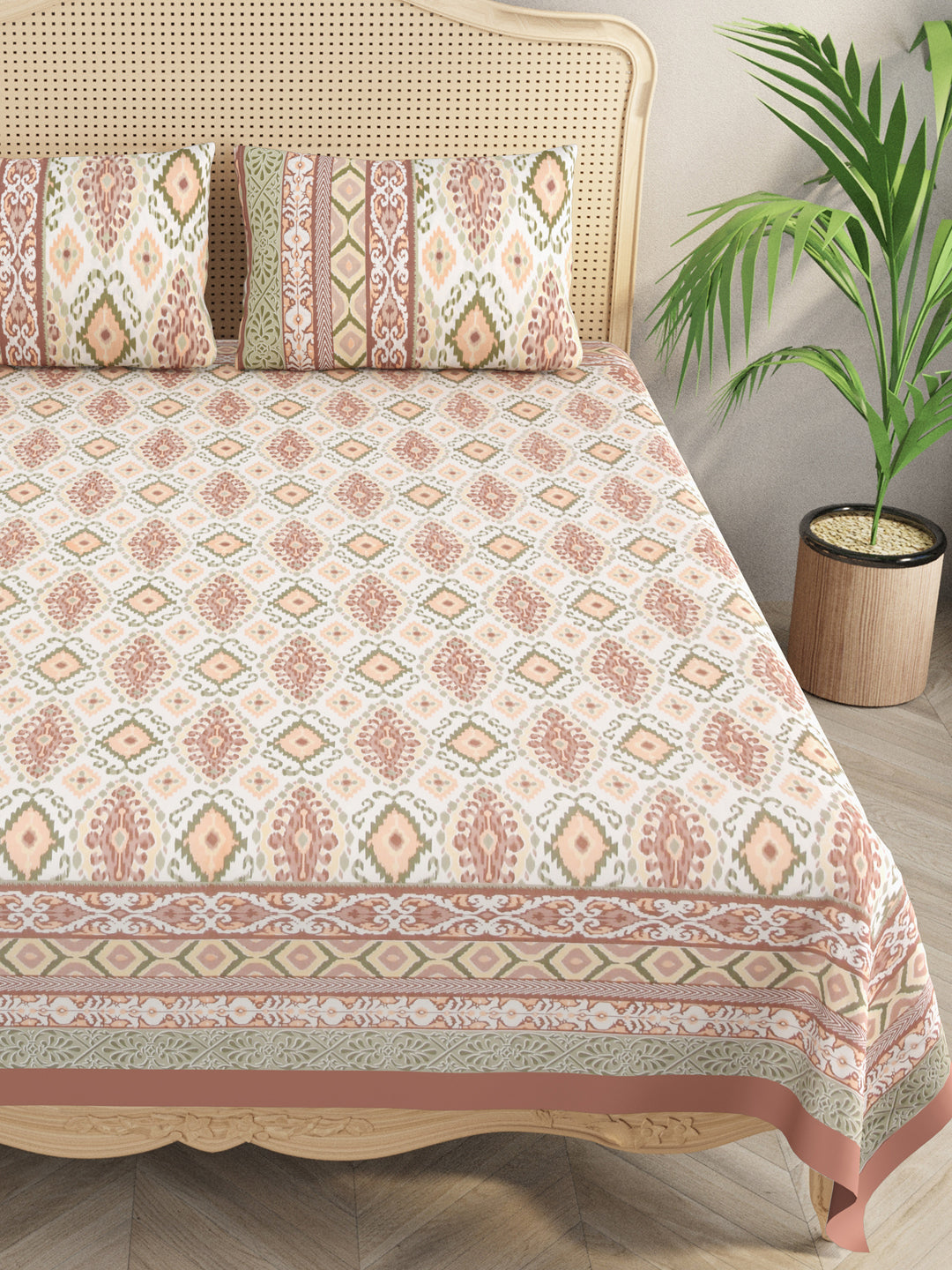 Brown-Cotton-Ikat-Print-Bedsheet-With-2-Pillow-Covers