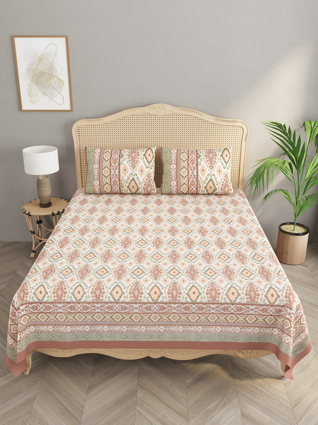 Brown-Cotton-Ikat-Print-Bedsheet-With-2-Pillow-Covers