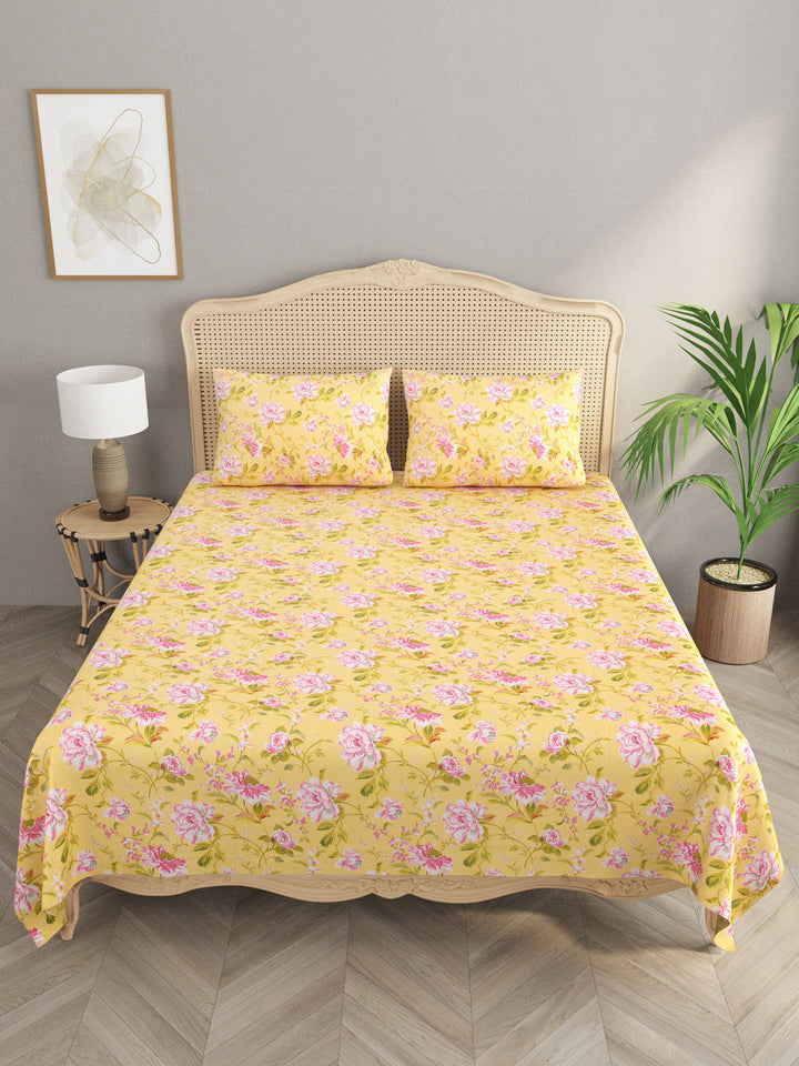 Yellow-Cotton-Floral-Print-Bedsheet-With-2-Pillow-Covers