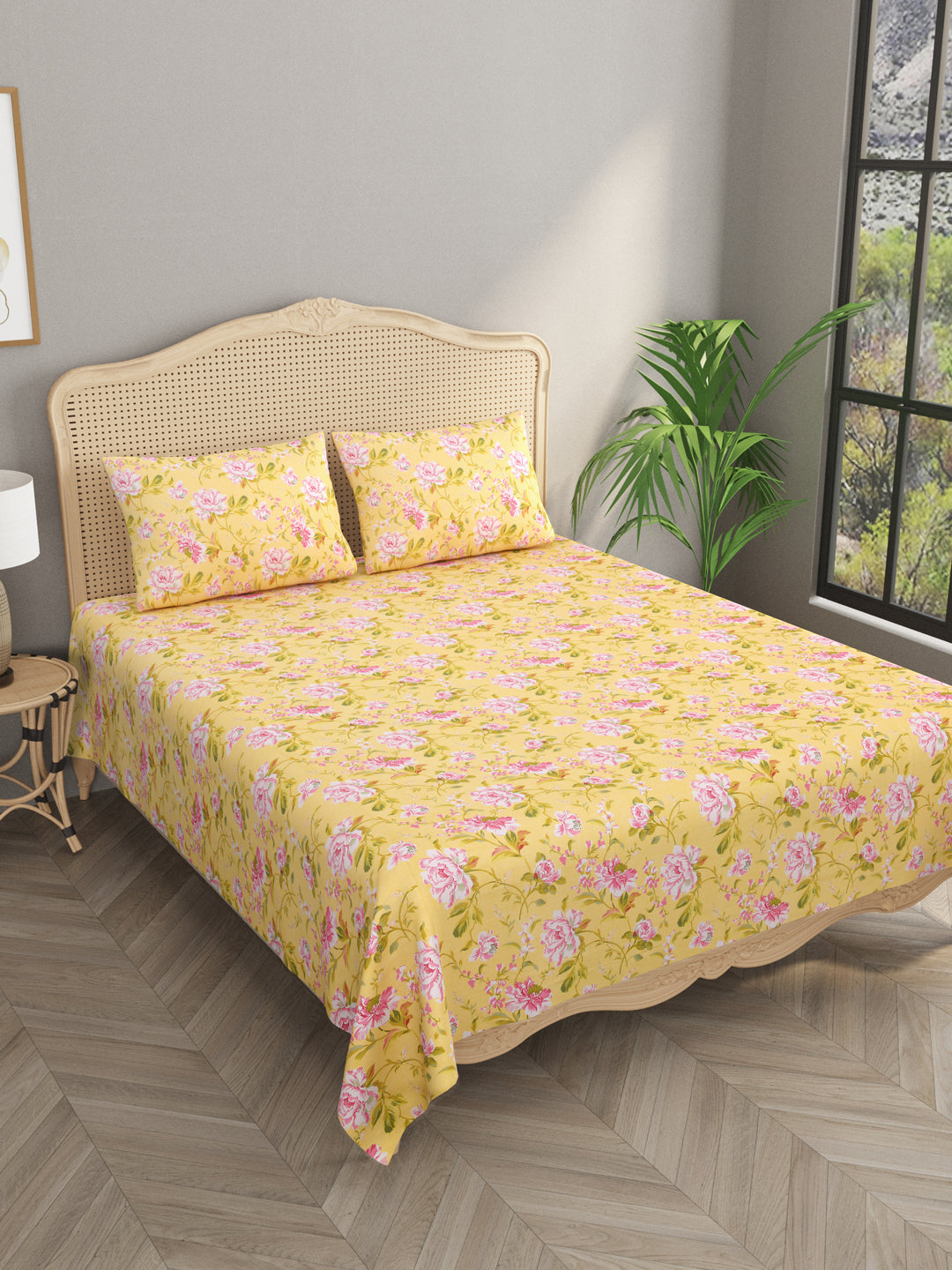 Yellow-Cotton-Floral-Print-Bedsheet-With-2-Pillow-Covers