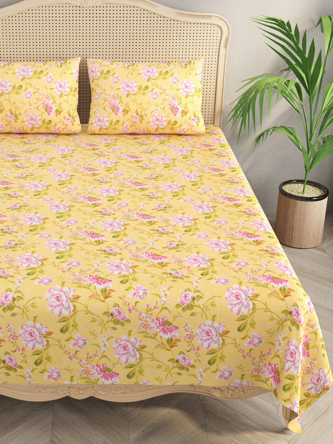 Yellow-Cotton-Floral-Print-Bedsheet-With-2-Pillow-Covers