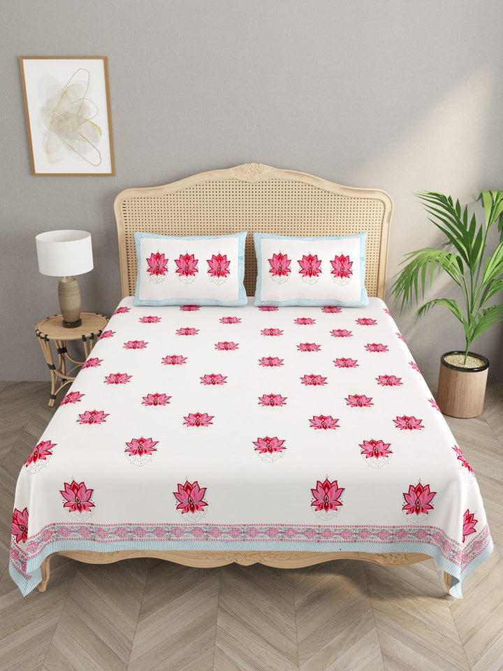 White-&-Pink-Handblock-Print-Bedsheet-With-2-Pillow-Covers