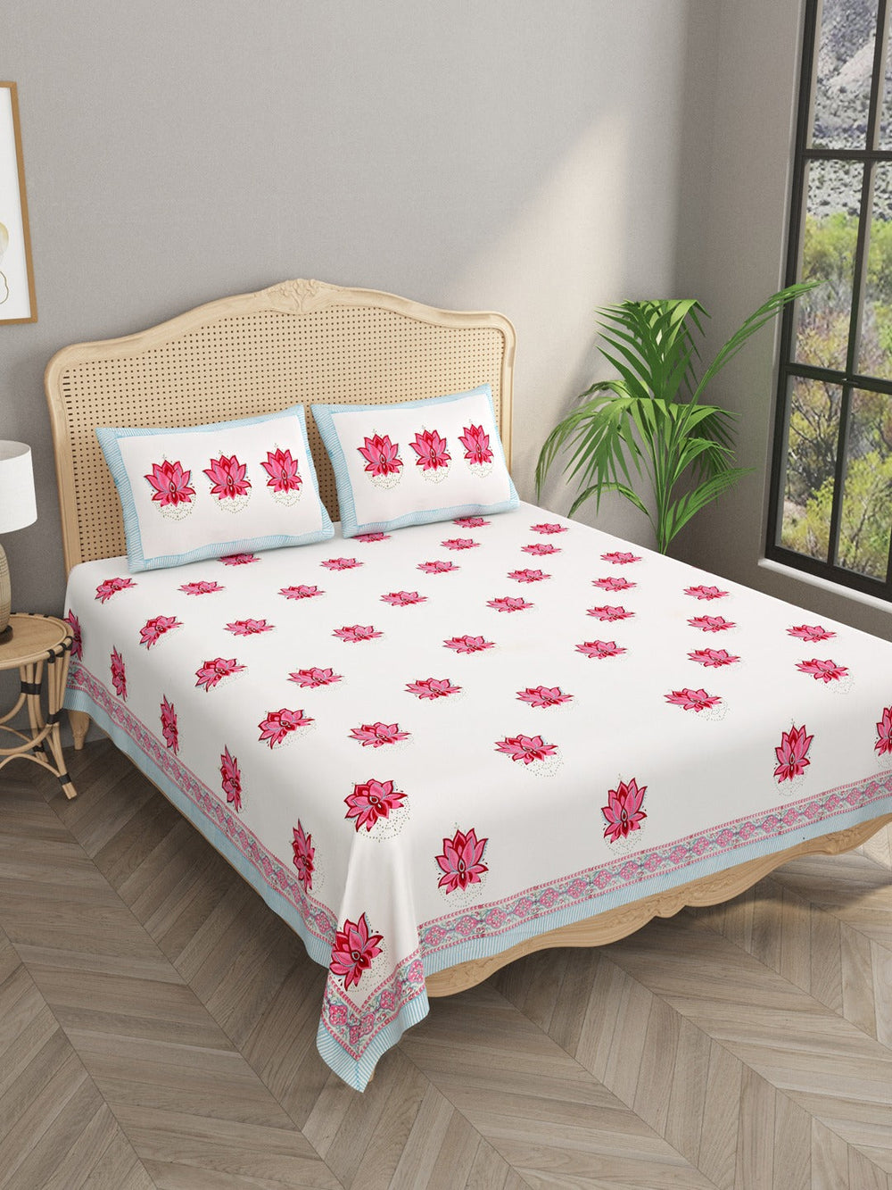 White-&-Pink-Handblock-Print-Bedsheet-With-2-Pillow-Covers