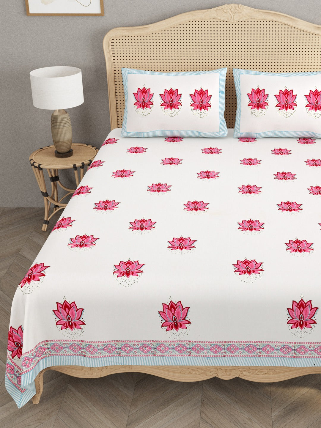 White-&-Pink-Handblock-Print-Bedsheet-With-2-Pillow-Covers