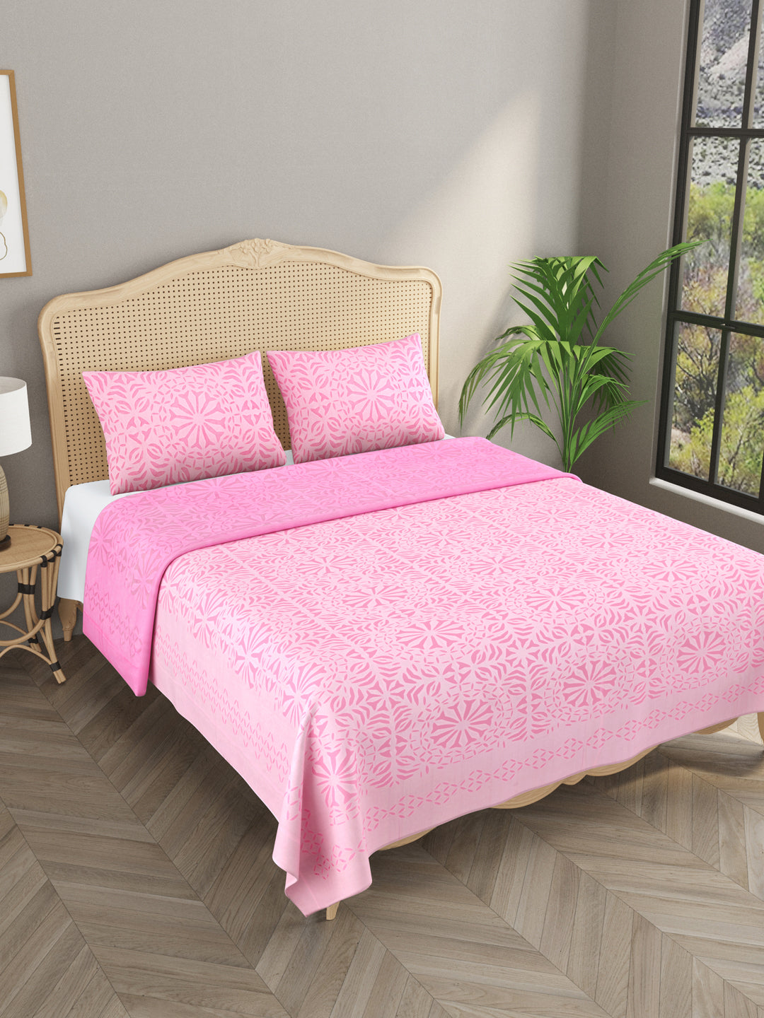 Pink-Cotton-Applique-Cut-Work-Bedcover-With-2-Pillow-Covers