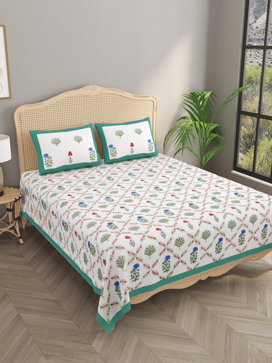 White-Handblock-Print-Bedsheet-With-2-Pillow-Covers