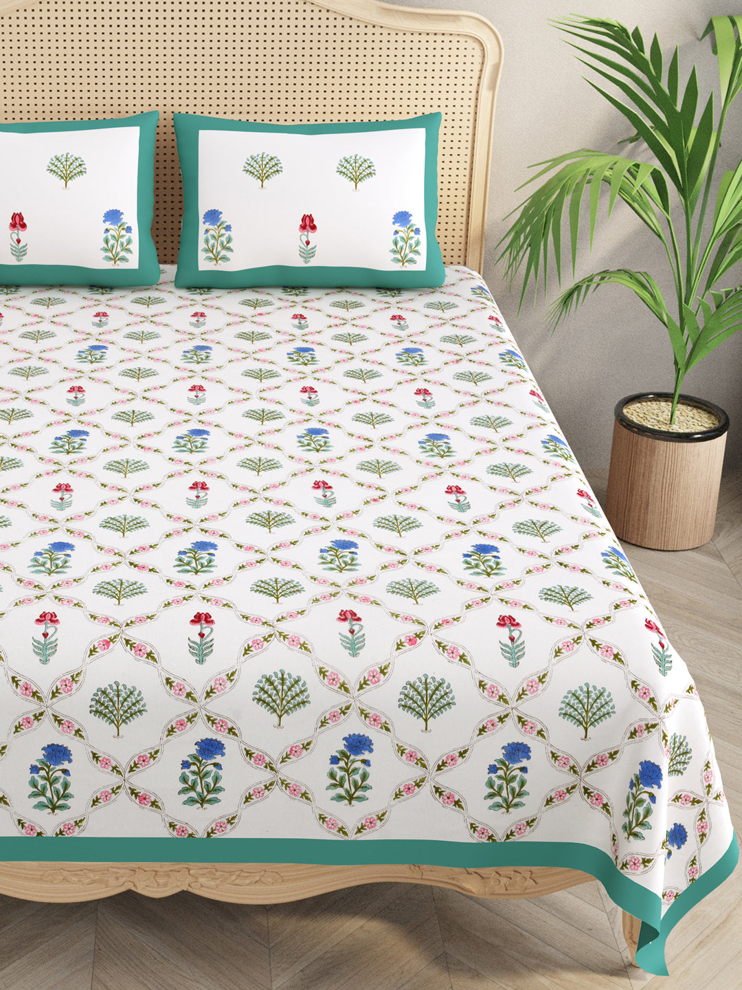 White-Handblock-Print-Bedsheet-With-2-Pillow-Covers