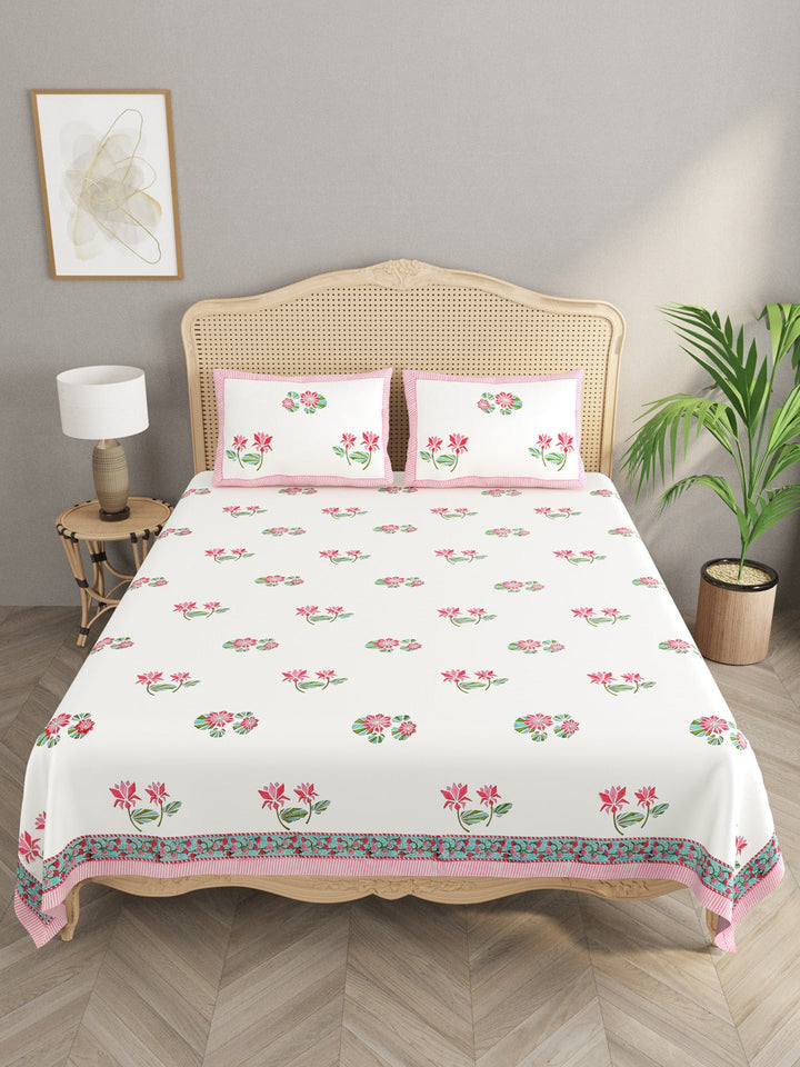 White-&-Pink-Handblock-Print-Bedsheet-With-2-Pillow-Covers