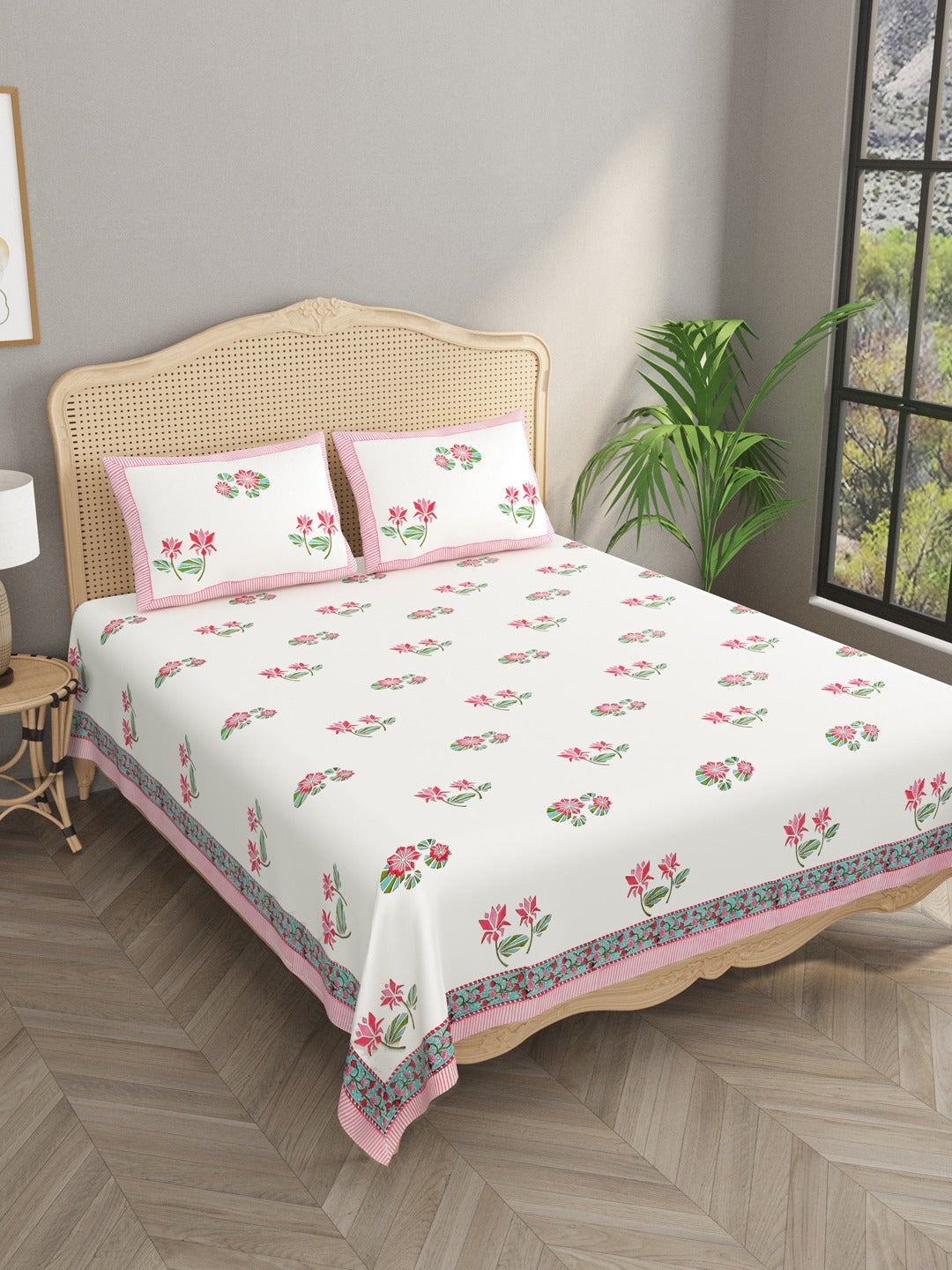 White-&-Pink-Handblock-Print-Bedsheet-With-2-Pillow-Covers