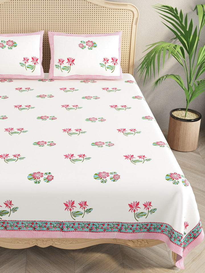 White-&-Pink-Handblock-Print-Bedsheet-With-2-Pillow-Covers