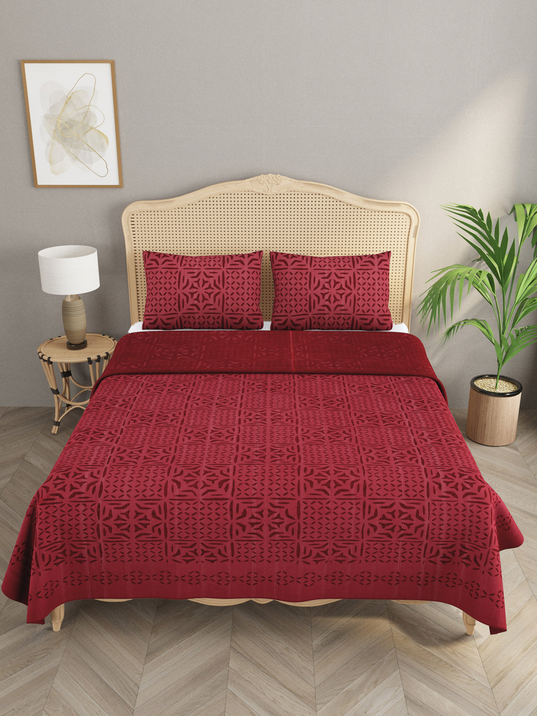 Maroon-Cotton-Applique-Cut-Work-Bedcover-With-2-Pillow-Covers