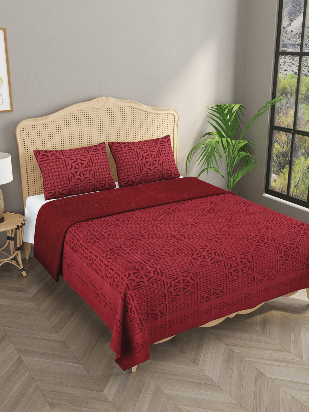 Maroon-Cotton-Applique-Cut-Work-Bedcover-With-2-Pillow-Covers