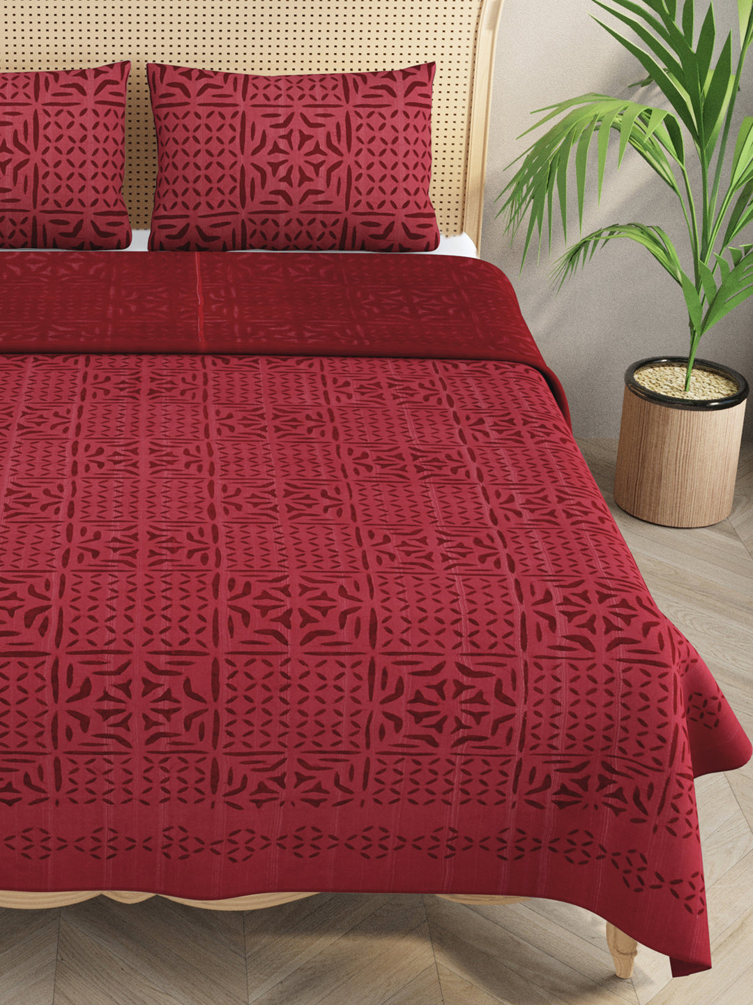 Maroon-Cotton-Applique-Cut-Work-Bedcover-With-2-Pillow-Covers