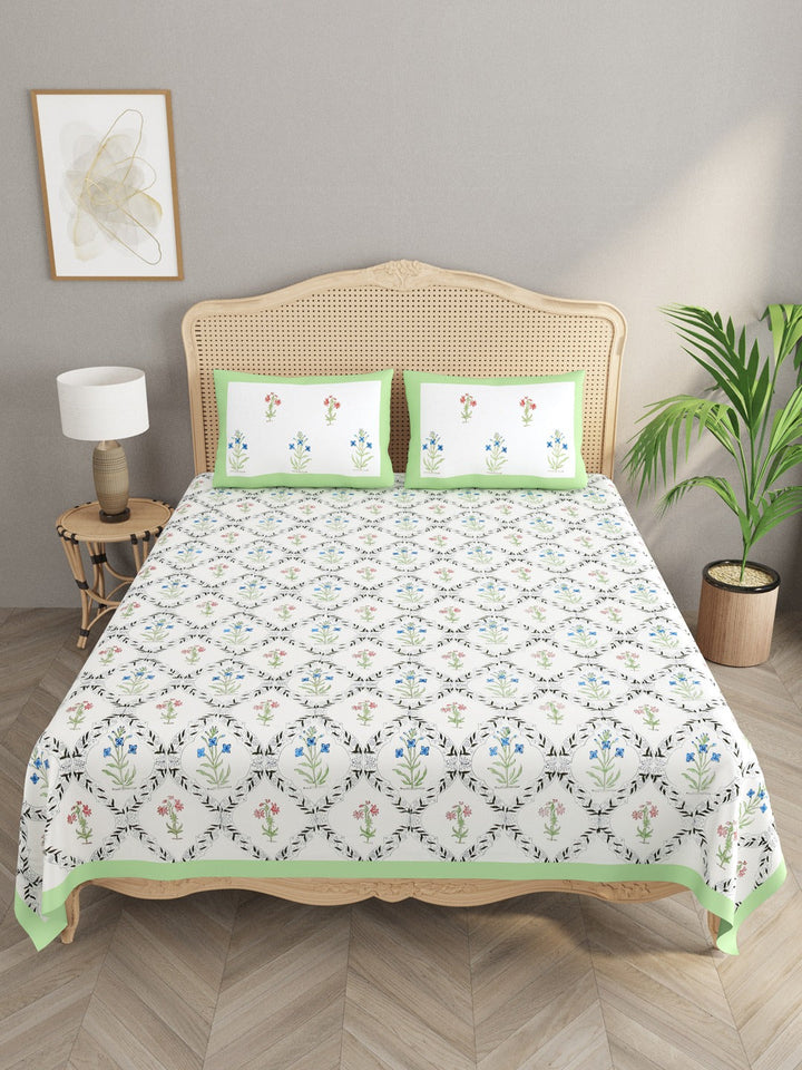 White-&-Green-Handblock-Print-Bedsheet-With-2-Pillow-Covers