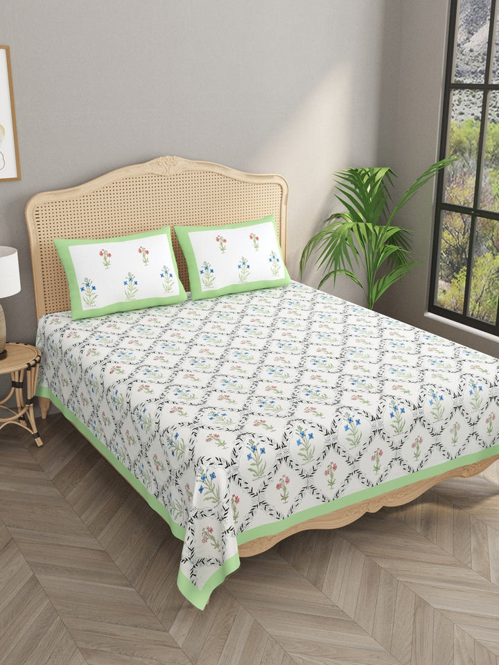 White-&-Green-Handblock-Print-Bedsheet-With-2-Pillow-Covers