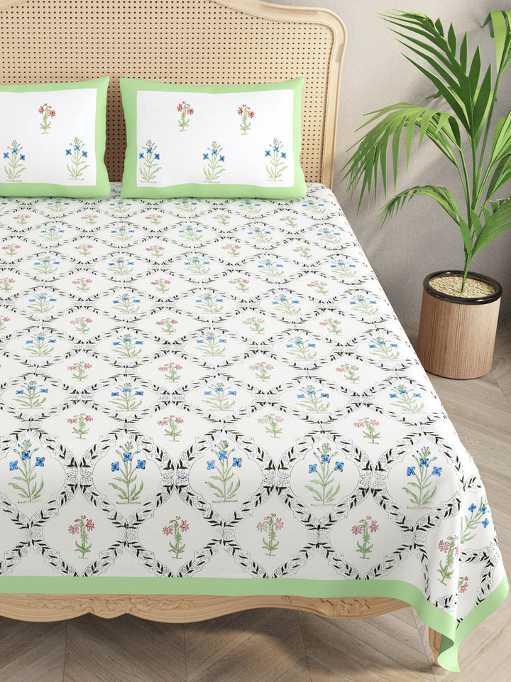 White-&-Green-Handblock-Print-Bedsheet-With-2-Pillow-Covers