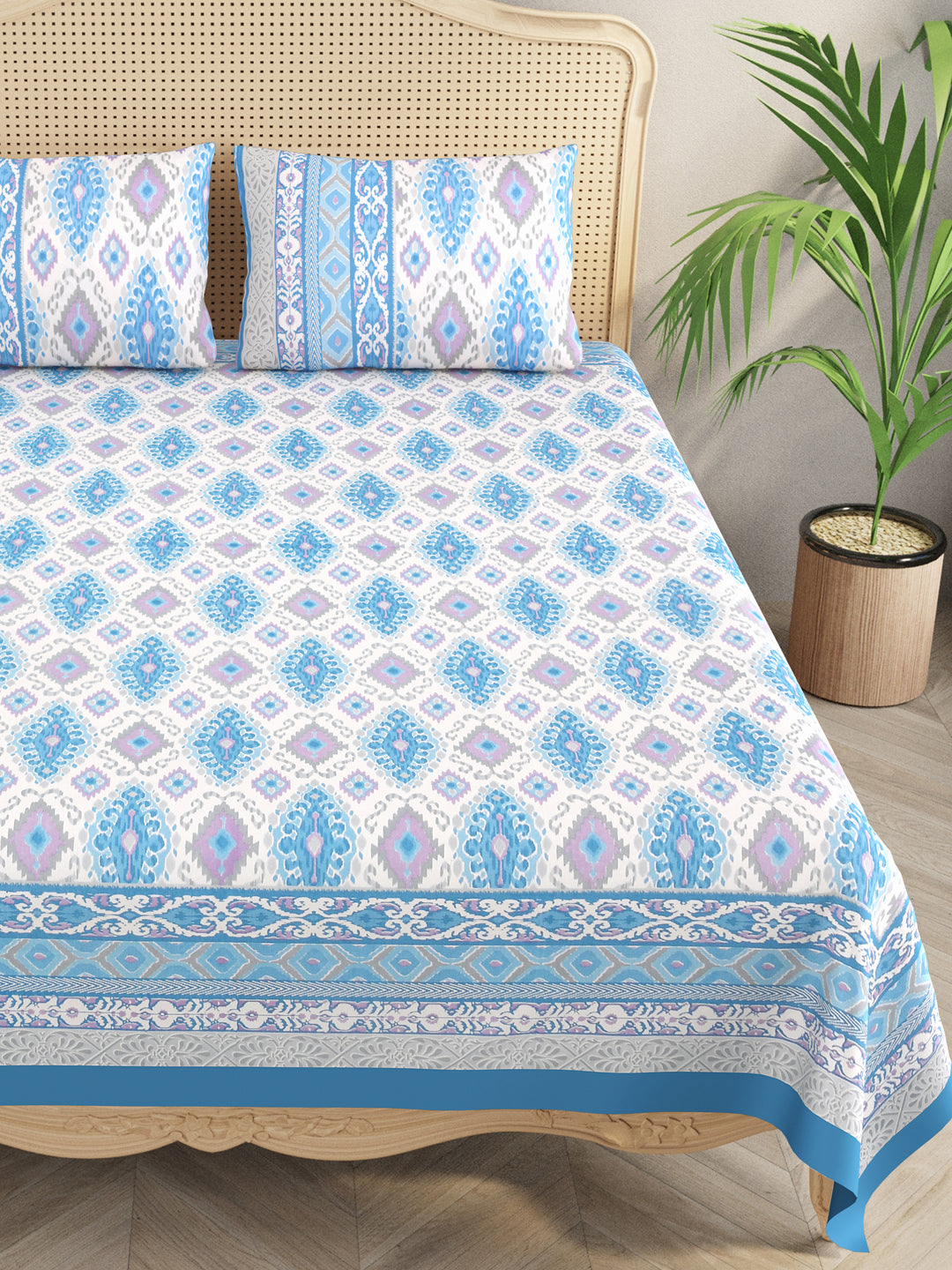 Blue-Cotton-Ikat-Print-Bedsheet-With-2-Pillow-Covers