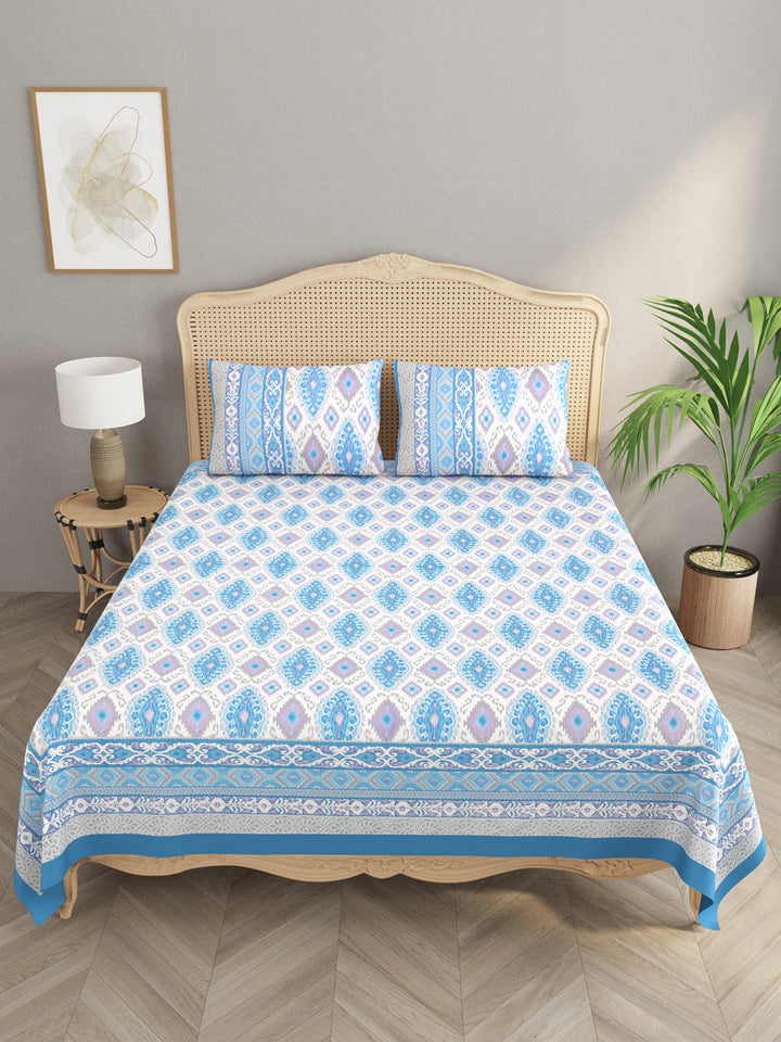 Blue-Cotton-Ikat-Print-Bedsheet-With-2-Pillow-Covers