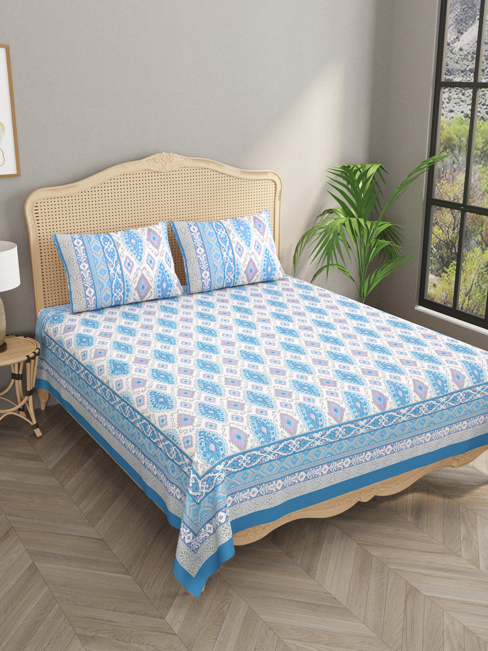 Blue-Cotton-Ikat-Print-Bedsheet-With-2-Pillow-Covers