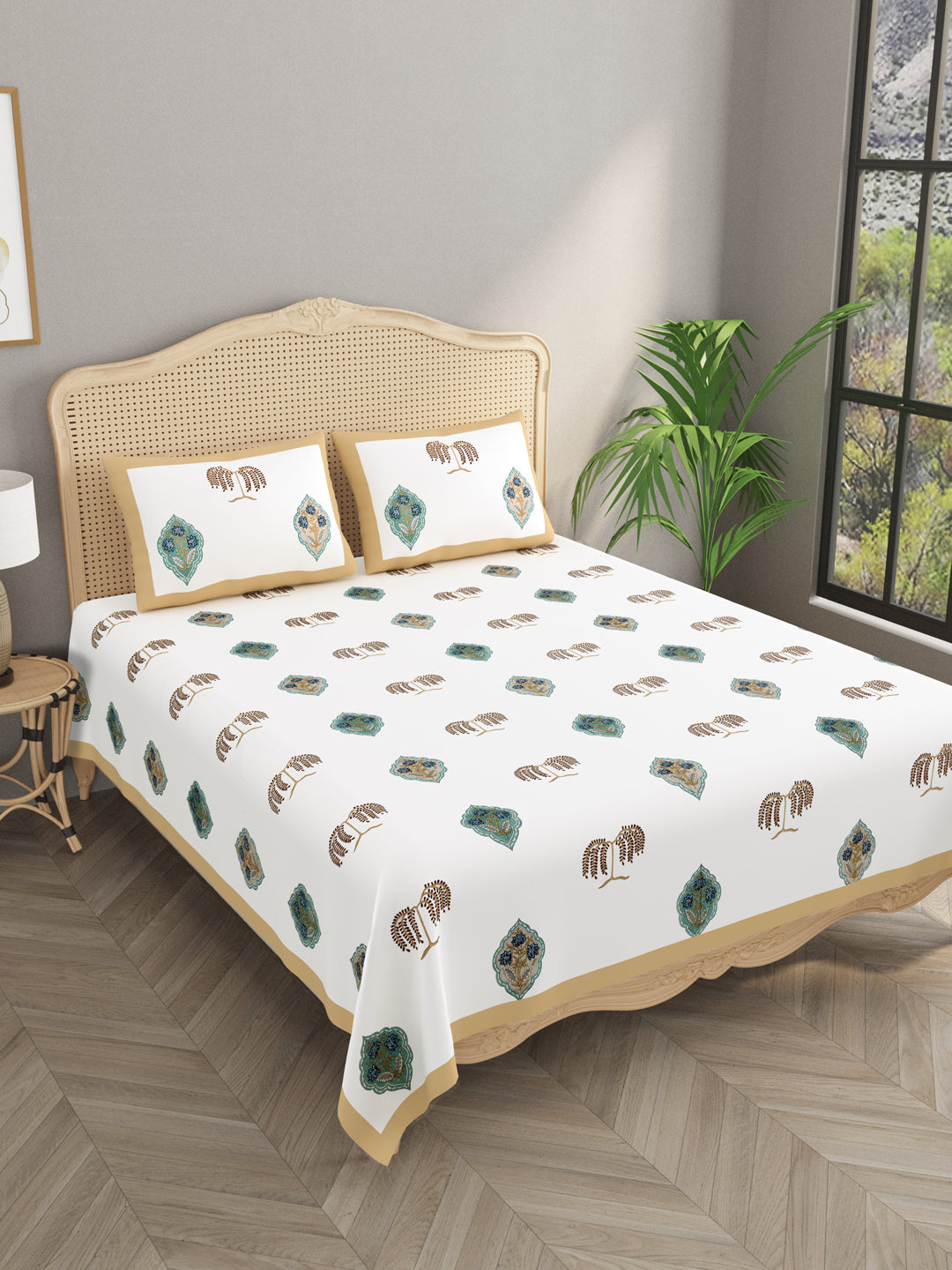 Multicolor-Handblock-Print-Bedsheet-With-2-Pillow-Covers