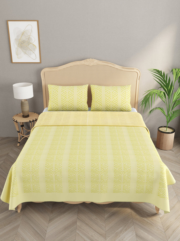 Yellow-Cotton-Applique-Cut-Work-Bedcover-With-2-Pillow-Covers