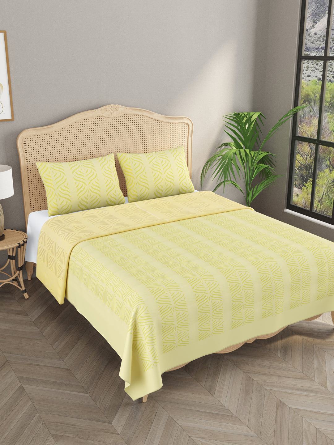 Yellow-Cotton-Applique-Cut-Work-Bedcover-With-2-Pillow-Covers